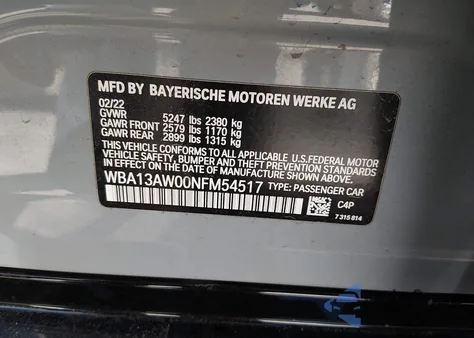 2022 BMW M440I Gran Coupe xDrive from USA, damaged, VIN WBA13AW00NFM54517